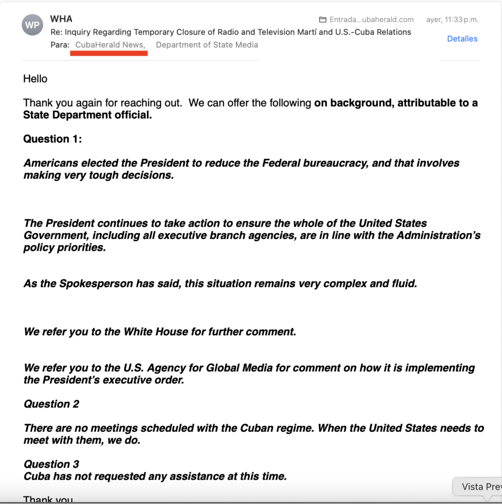 Correo sobre cierre temporal de Radio y Televisión Martí.